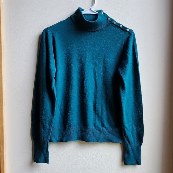 Heathcote Vintage Aqua Mock Neck Pearl Button Sweater Size 38/Large - Picture 1 of 16